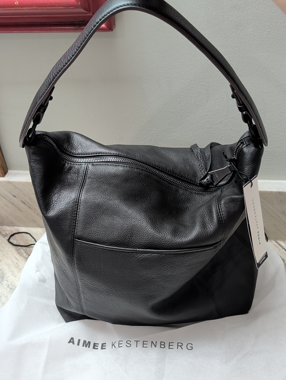 Aimee Kestenberg Black Pebbled Leather Bucket Shoulder Bag  With Dust Bag NWT
